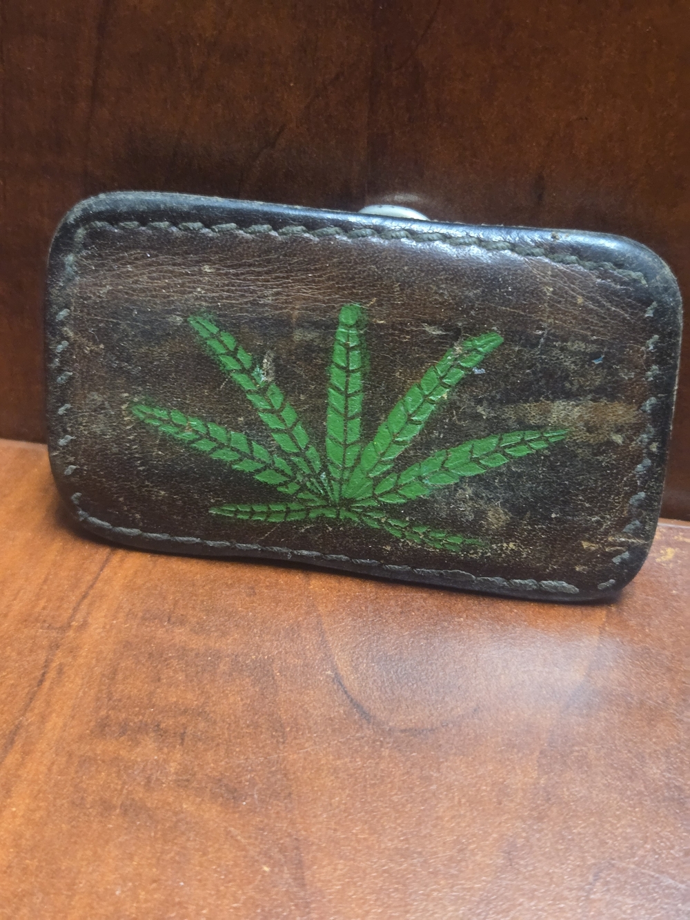 Vintage Leather Belt Buckle With Green Leaf Image Print